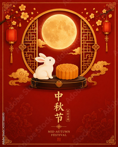 Mid-Autumn Festival Greeting Card Featuring a White Rabbit, Golden Full Moon and Traditional Chinese Decorative Frame on a Rich Red Background