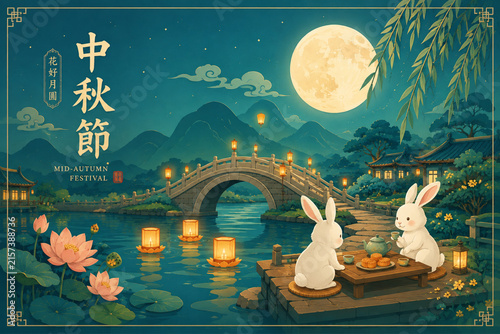 Mid-Autumn Festival Landscape Illustration Featuring Two White Rabbits, Lotus Flowers, Traditional Pavilion and a Large Golden Full Moon