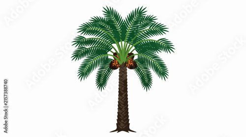 Tropical Date Palm Tree Illustration with Ripe Dates Fruit Clusters and Green Fronds on White Background