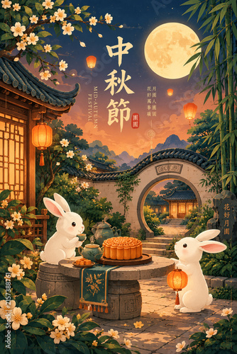Mid-Autumn Festival Celebration Poster Featuring a White Rabbit, Traditional Mooncake, Glowing Lanterns and Warm Evening Lights