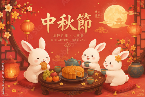 Mid-Autumn Festival Greeting Card Featuring Two White Rabbits Sharing Mooncake Beneath a Golden Full Moon with Festive Lanterns