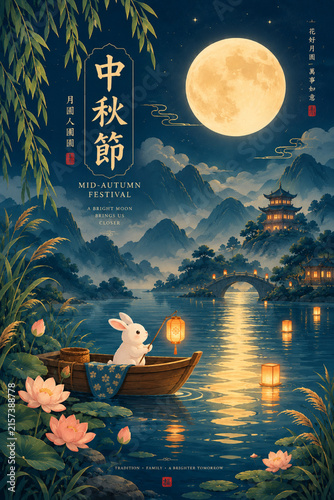Mid-Autumn Festival Night Scene Featuring Two Rabbits, Traditional Lanterns, Full Moon and a Peaceful Mountain Landscape Surrounded by Flowers