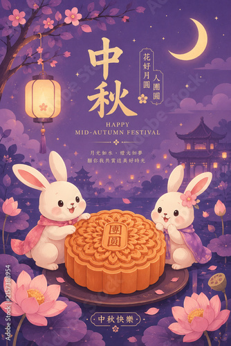 Mid-Autumn Festival Greeting Illustration Featuring Two White Rabbits, Traditional Mooncake, Golden Crescent Moon and Dreamy Purple Night Sky