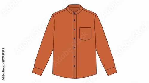 Men Casual Rust Orange Long Sleeve Button Up Shirt with Mandarin Collar and Front Pocket Technical Design Flat