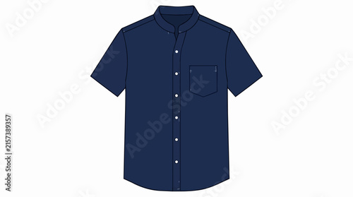 Navy Blue Short Sleeve Mandarin Collar Button Up Shirt Technical Flat Sketch Mockup for Fashion Design Work