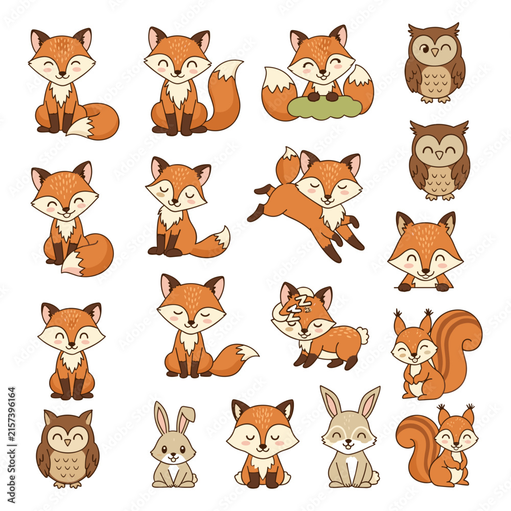 Naklejka premium Forest Animal Character Icons Set