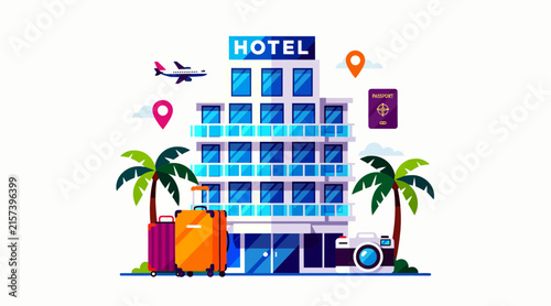 Modern hotel building with travel elements like airplane, luggage, camera, passport, and palm trees, representing vacation and accommodation services.