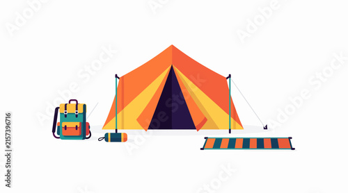 Outdoor Camping Gear: Orange Tent, Backpack, Sleeping Bag, and Mat. Flat Vector Illustration.