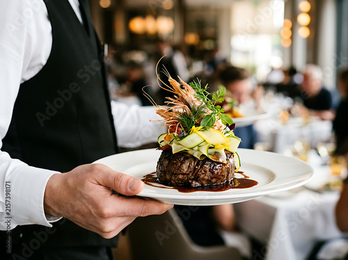 Professional waiter presenting gourmet surf and turf dish in upscale dining establishment setting with ribbons blurred restaurant holding plate featuring prawns zucchini ribbons seared steak topped