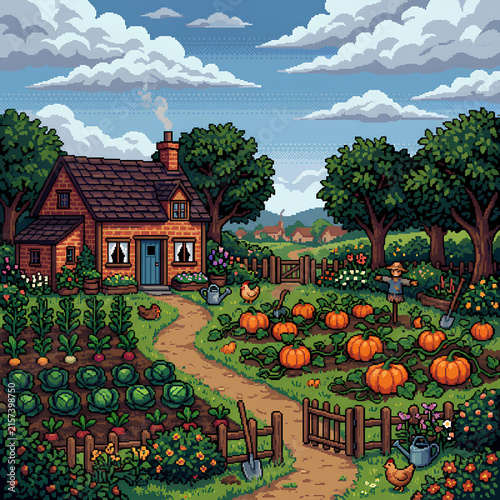 Pixel art illustration of a farmhouse with pumpkin patch.
