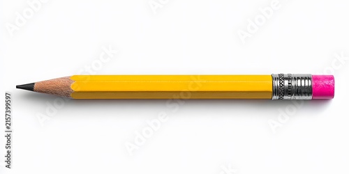 A yellow wooden pencil with a sharp graphite tip lies horizontally against a clean white background, featuring a pink eraser secured by a silver ferrule.