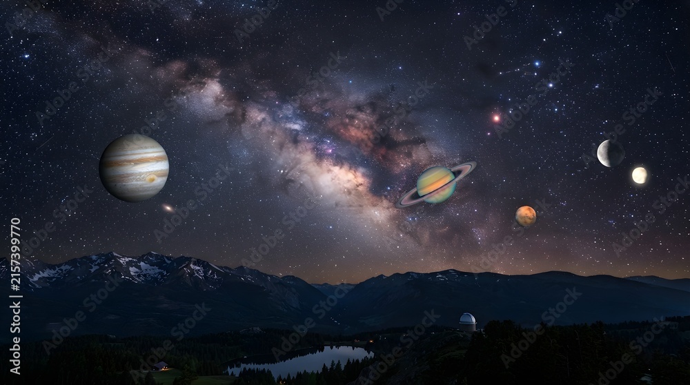 Fototapeta premium Planets and milky way galaxy over mountains at night