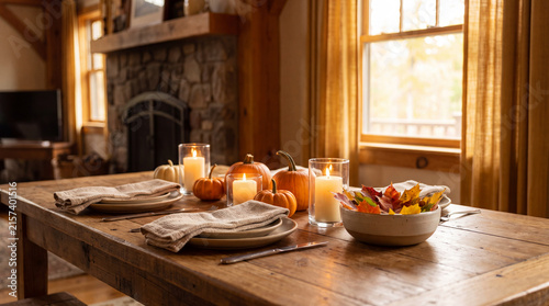 Autumn dining table setting with pumpkins, candles, linen napkins and fall leaf centerpiece is perfect for harvest dinner party invitations