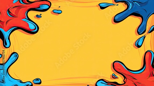 Vibrant abstract splashes of blue and red paint on a bright yellow background