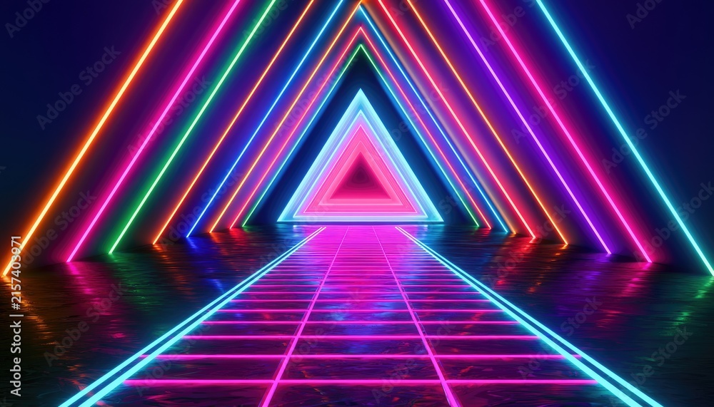 Naklejka premium Neon-lit abstract geometric tunnel with grid floor and triangle motif