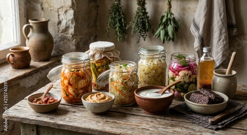 Assortment of Fermented Foods in Jars with Herbs Hanging Above