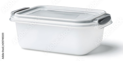 Clear plastic storage container with gray latches on white background