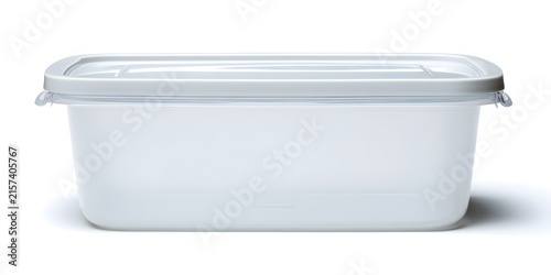 Translucent plastic food container with secure lid on white background