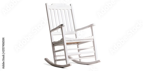 White wooden rocking chair stands isolated on plain white background with vertical slats and curved runners.