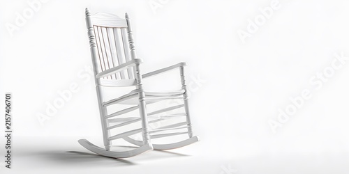 White wooden rocking chair with spindle details sits on a clean  background