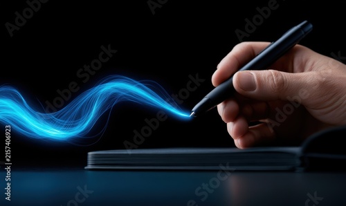 Abstract note-taking action with pen and notebook digital environment creative concept