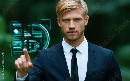 Business leader engaging with innovative voice activated holographic tech to promote sustainable solutions