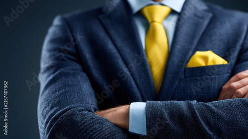Stylish ceo in luxury suit with yellow accessories exuding confidence and professionalism in business environment