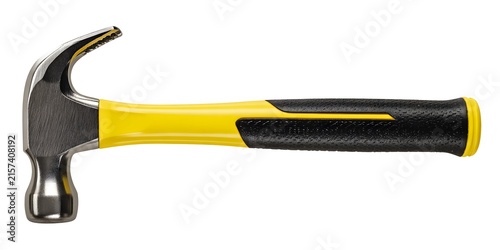 A hammer with a yellow and black handle resting against a white background