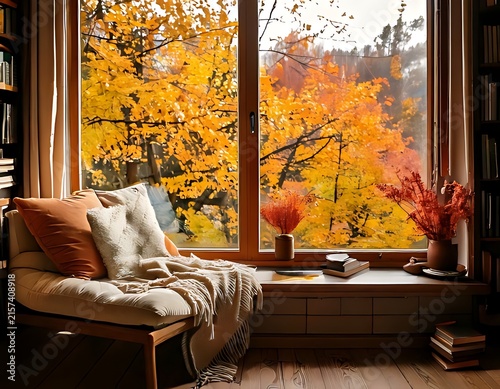 Cozy reading nook by a window with autumn foliage view.