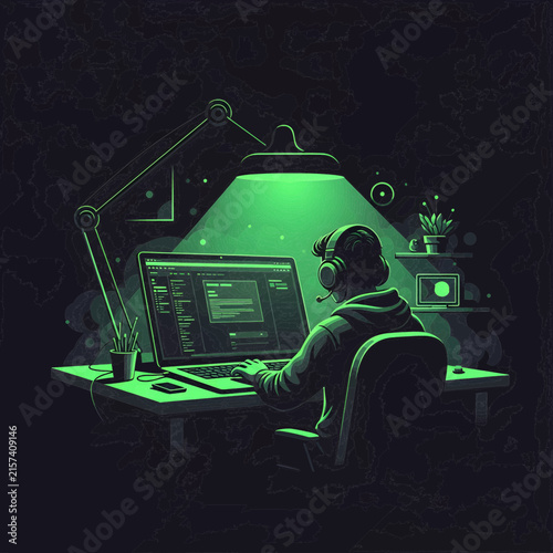 Remote Worker Using Laptop with Headphones in Modern Office