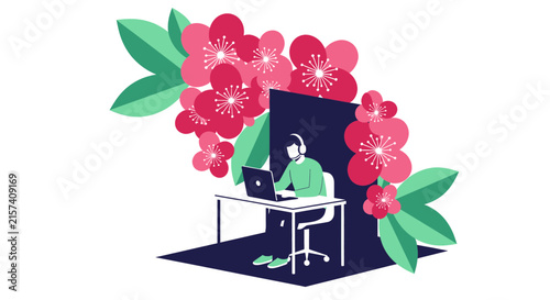 Remote Worker Using Laptop with Floral Decor