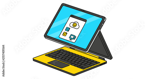Remote Work Setup with Convertible Laptop and Cloud Icons