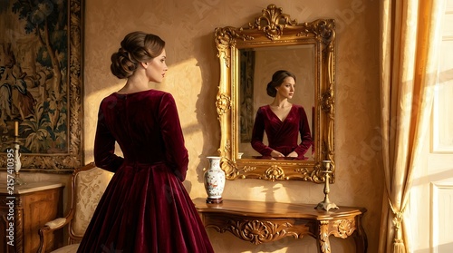 Elegant woman in burgundy velvet dress looking into a golden vintage mirror in a luxurious classic room