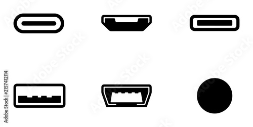 USB Connector Icons: USB-C, Micro USB, USB-A, Round Port, Technology Symbols
