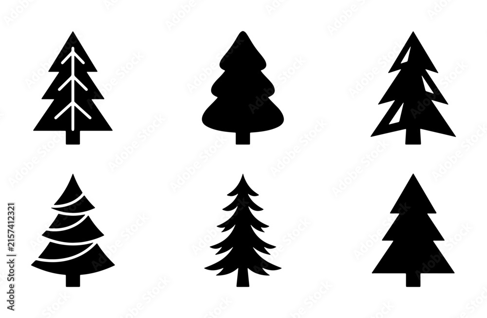 Obraz premium Six Black Christmas Tree Icons, Vector Set, Winter Holiday Symbols, Evergreen Forest Elements