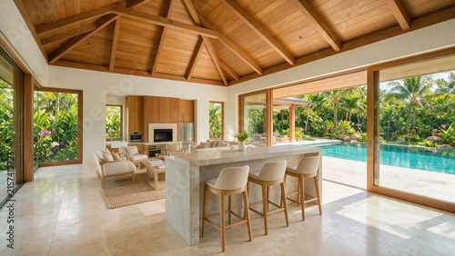 Modern Tropical Open Plan Living Room and Kitchen