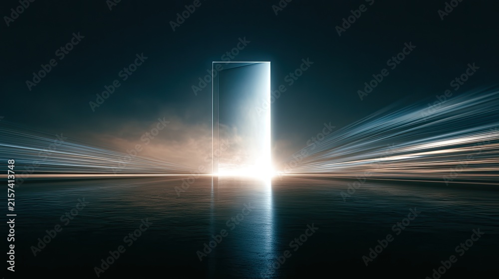 Fototapeta premium Bright portal framed by light streaks and smoke in a dark, reflective space