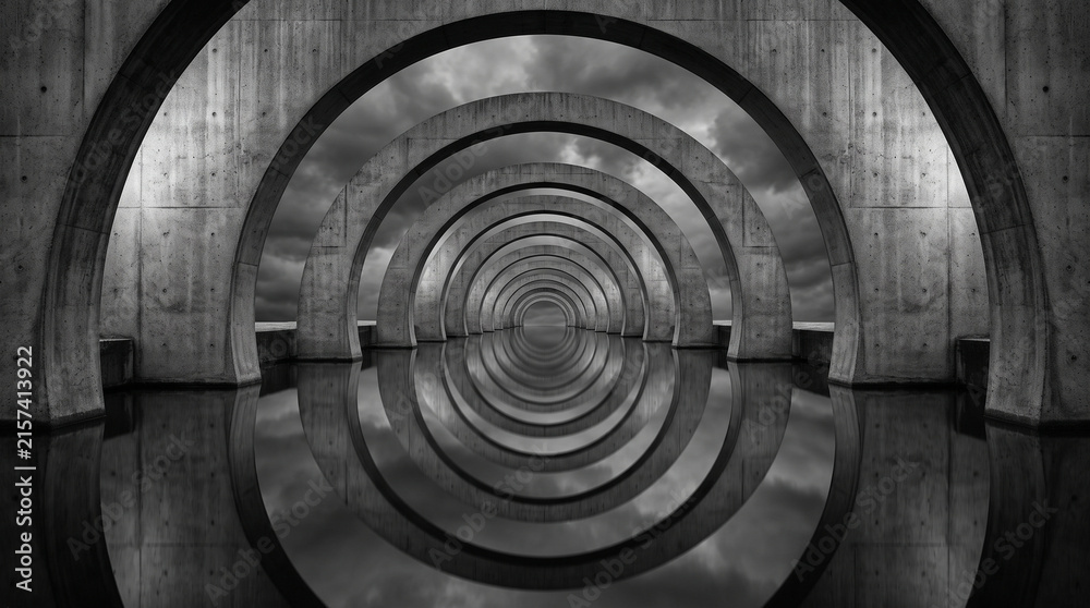 Naklejka premium Monochrome abstract architecture of modern concrete concentric circles tunnel structure with dramatic lighting