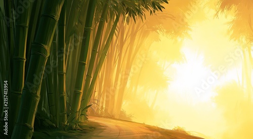 Sunlit bamboo forest path in golden morning mist, serene and warm