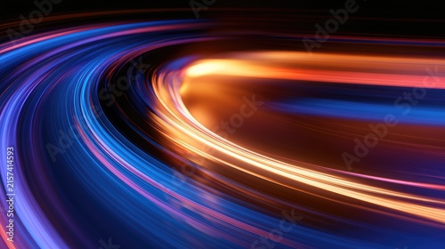 Abstract motion blur of glowing light trails on a dark background