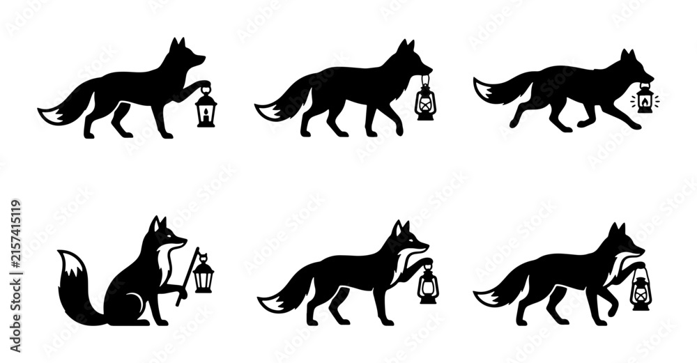 Obraz premium Six Silhouette Fox Vector Icons, Woodland Creature Lantern Graphics, Animal Illustration Set