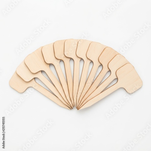 Blank wooden plant markers in a garden setting