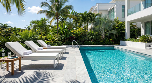 Cuadro en lienzo Luxury swimming pool patio deck beside modern villa near ocean beach