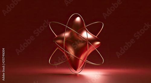 Gleaming metallic abstract sculpture with golden orbital rings on red background