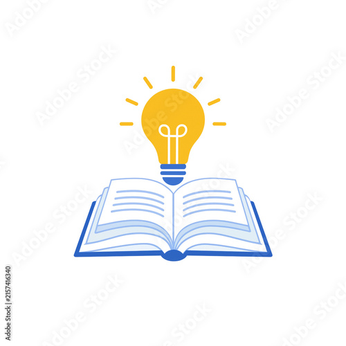 Open book with glowing yellow light bulb representing creative ideas, education, knowledge growth, and innovative learning concepts on white