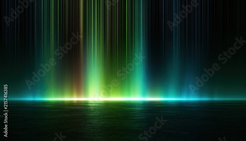 Dark abstract background with vibrant vertical light beams and reflective surface