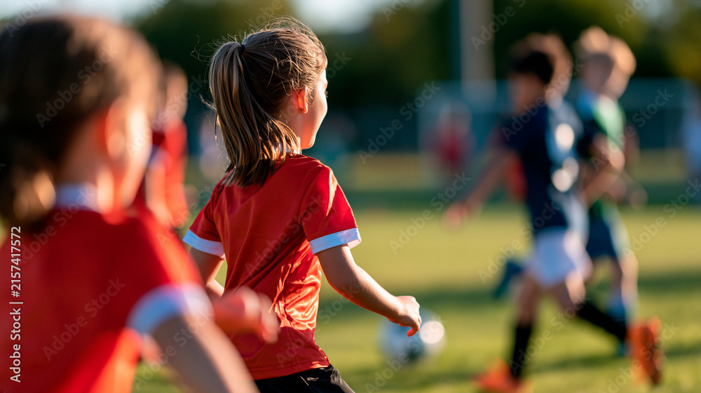 Fototapeta premium rear view of children playing soccer together in a bright park, backs to camera, team game concept, outdoor play, childhood, teamwork, energy, lifestyle, bright, with copy space