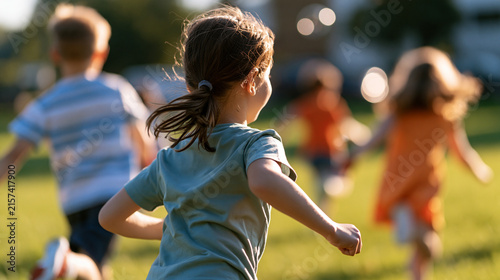rear view of children playing a joyful chase game together in a bright park, backs to camera, active outdoor fun concept, childhood, energy, teamwork, playground, lifestyle,