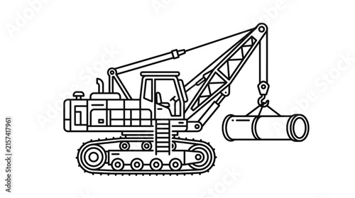 Industrial Pipelayer Crane Construction Vehicle Line Art
