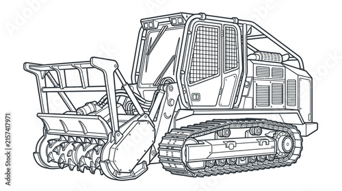 Industrial Forestry Mulcher Tracked Vehicle Line Art
